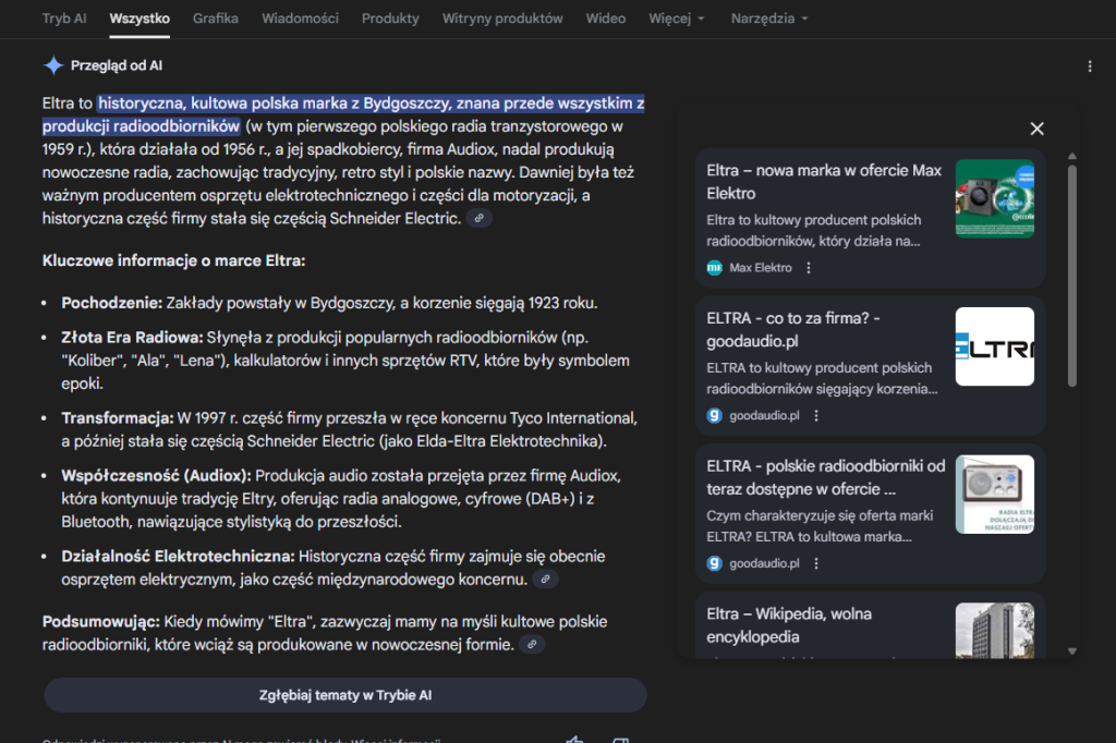 AI overwievs results of goodauudio.pl connected to ELTRA brand search