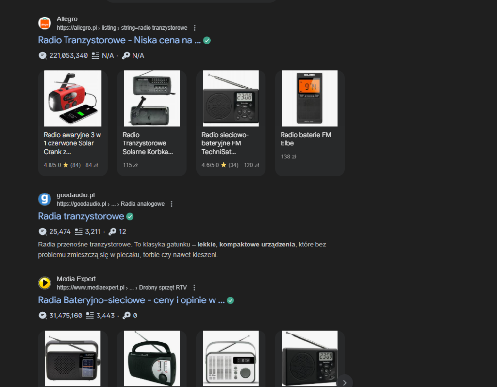 Organic SERP results of goodaudio.pl standing next to Allegro and Media Expert